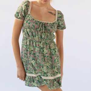 UO Prairie Floral Scoop Neck Mini Dress Pink & Green